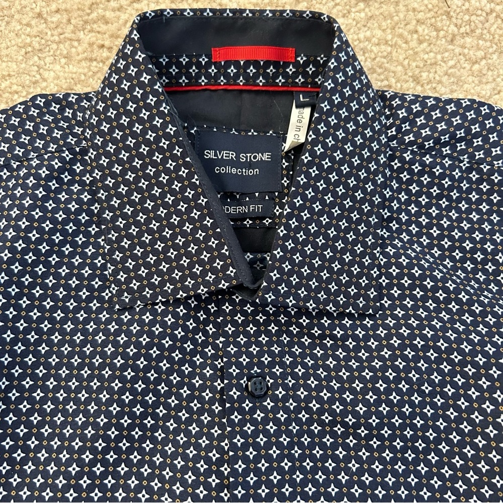 Silver Stone Collection Mens Short Sleeve Button Up Dress Shirt Size Large Navy